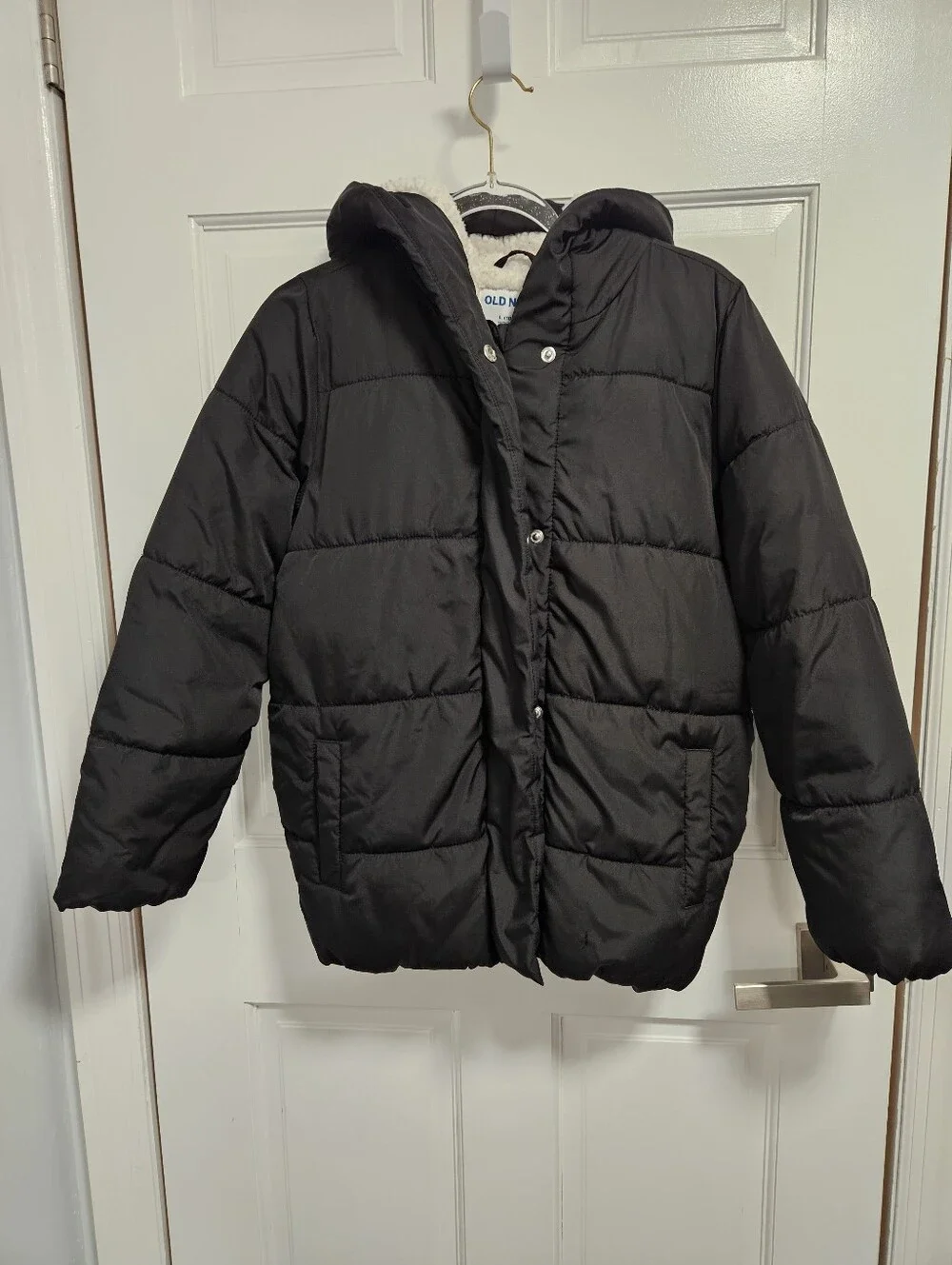 Old Navy Girls Black Puffer Coat Sherpa Lined Hood Kids Size L (10-12)